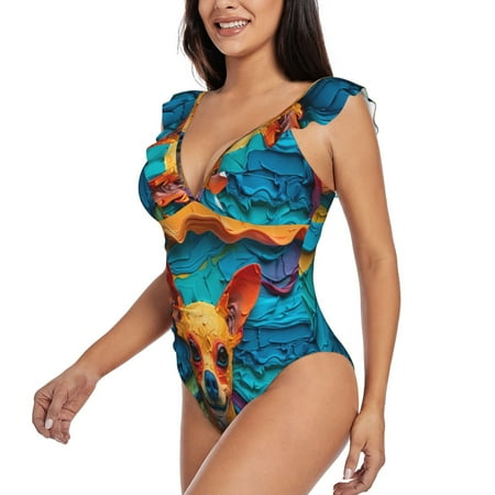 KLL Colorful Textured Chihuahua for Women s Ruffled One Piece Swimsuit Tummy Control Bathing Suit V Neck Swimwear