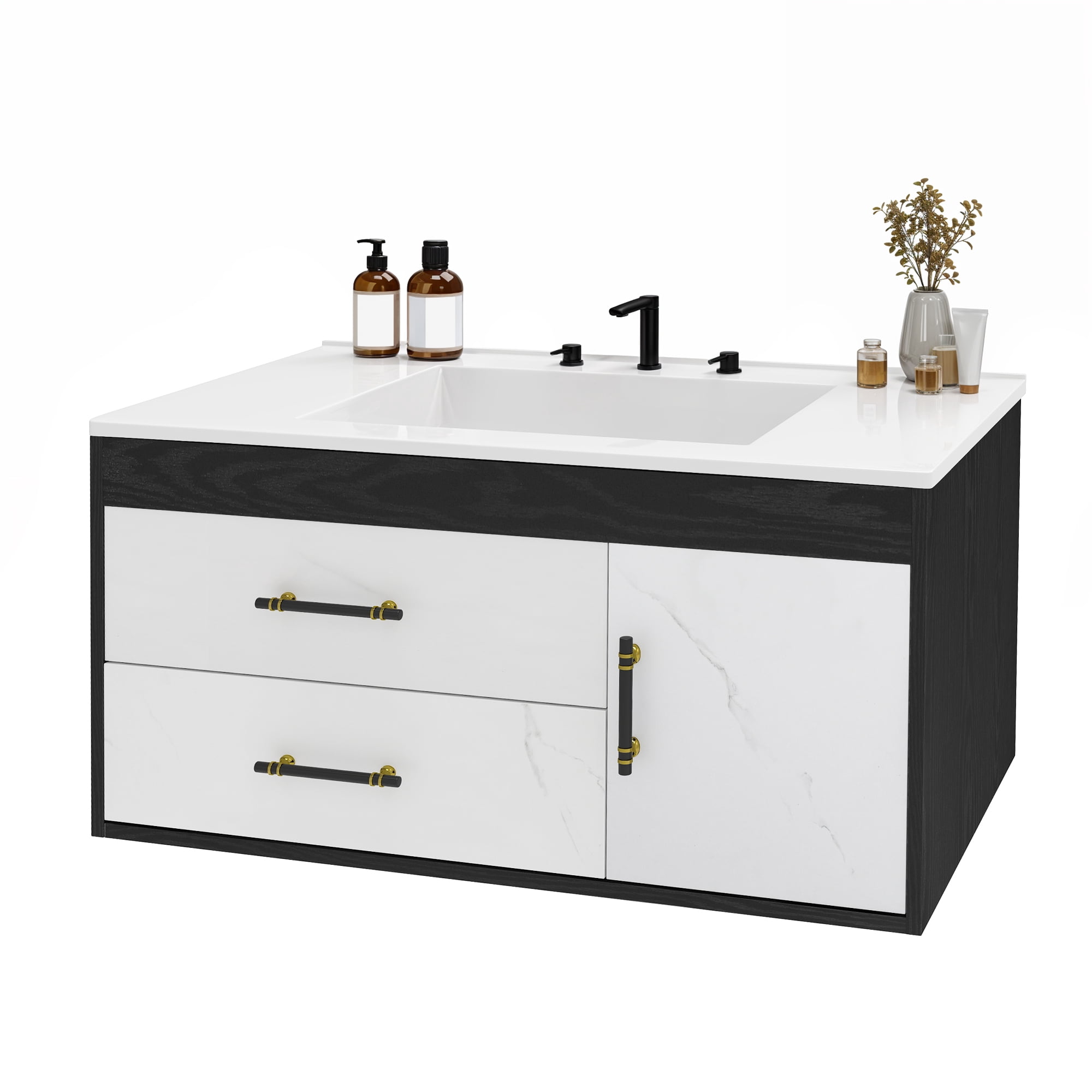 Uforic 37" Wall-Mounted Bathroom Vanity with Sink,  Floating Bathroom Cabinet with 2 Drawers