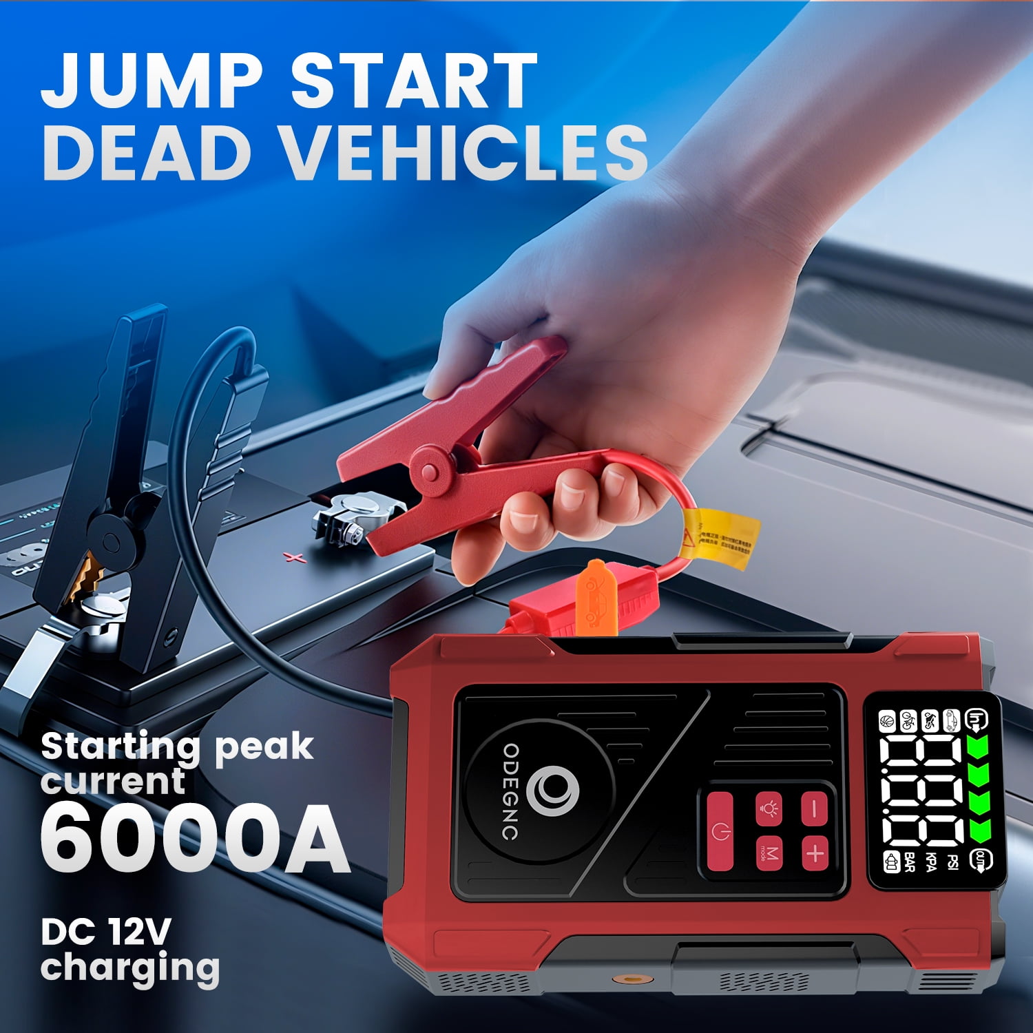 ODEGNC 6000A Car Battery Jump Starter with Air Compressor 25000mAh 150PSI Portable Air Pump for Vehicles & Emergency