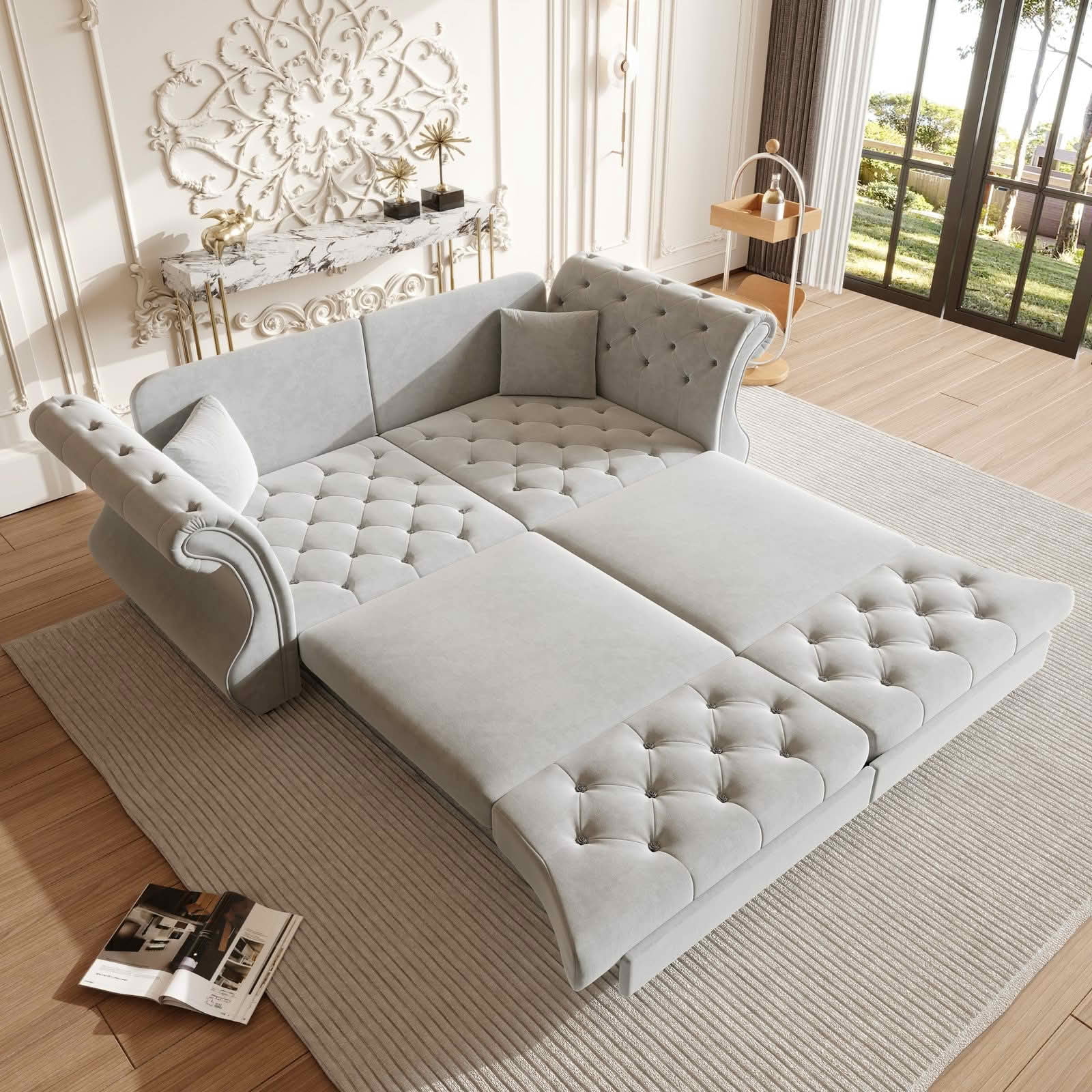 MAYEERTY 83.8" Chesterfield Pull‑Out Sofa Bed, Classic Roll‑Arm Velvet Couch with Flower Tufting, 2 Pillows Included for Living Room, Bedroom and Apartment