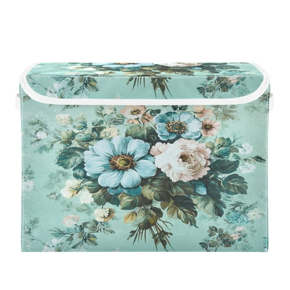 WOBOGO Shabby Chic Bouquet Large Collapsible Storage Box Flip Lid Fabric Decorative Organizer Container Basket with Handles 16.5×12.6×11.8in
