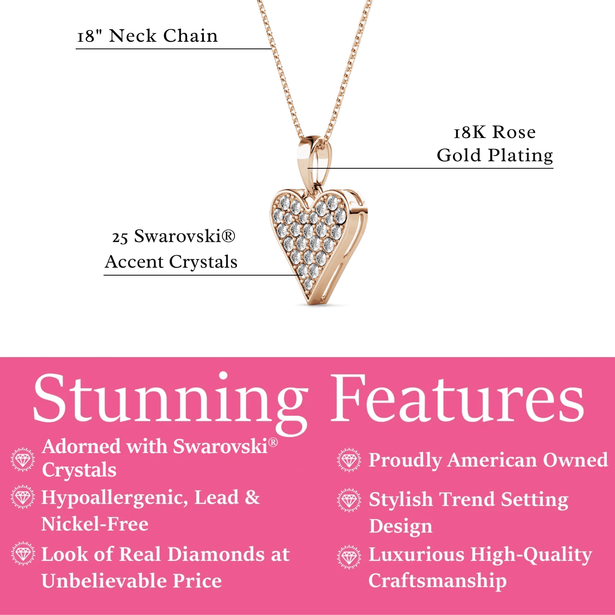 Cate & Chloe Cecilia 18k Rose Gold Plated Heart Pendant Necklace with Swarovski Crystals for Women