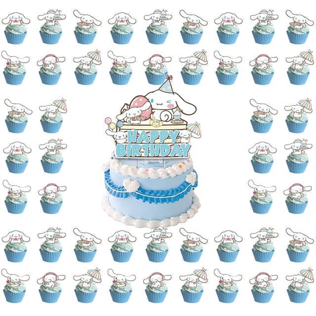 Educatgame 48 adornos para cupcakes Kawaii con 1 adorno para tarta de feliz cumpleaños, bonitos suministros para fiestas con temática de anime, perfectos para decoraciones de fiesta de cumpleaños (B)