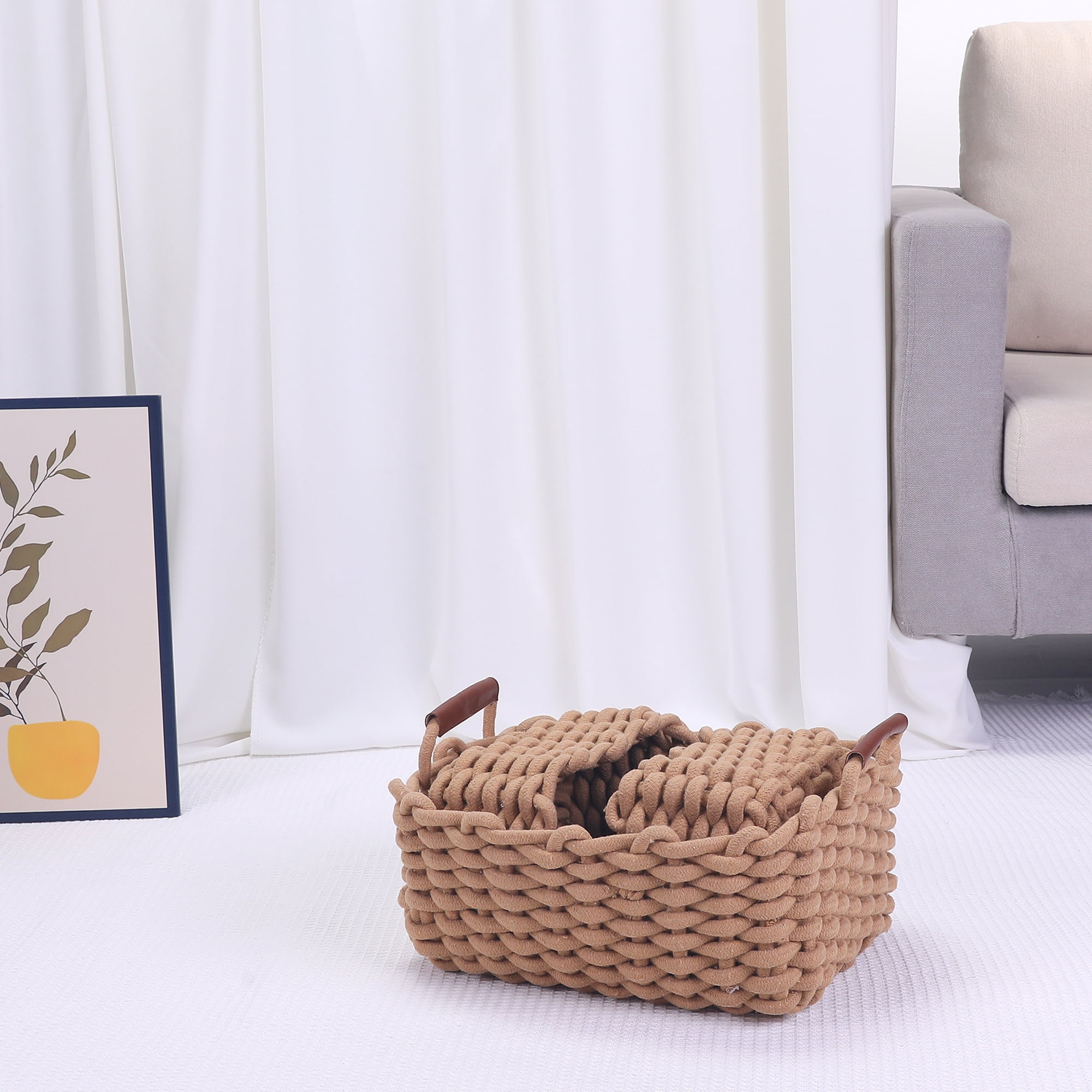 Unique Bargains Woven Storage Basket Shelf Storage Bin with Handle for Key Tray Bowl Brown