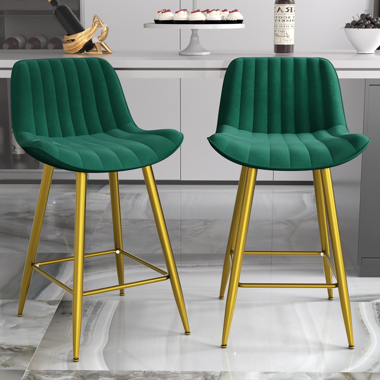 24" Bar Stools Set of 2, HomeZeer Velvet Counter Height Bar Stools Full