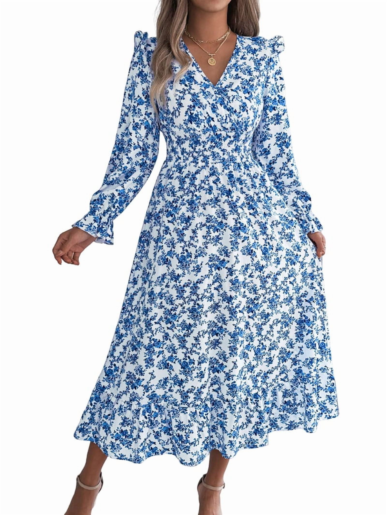 Women'S Long Sleeve Floral Print V-Neck Ruffle Hem Maxi Dress Shirred Waist Blue S