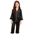 thumbnail image 2 of WUANDIXFA Girls Satin Silk Pajamas, Cute Soft Silk Fashion Sleepwear, 2 Piece Long Sleeve Shirt Pant Pajama Sets for Girls,Black,5-6 Years, 2 of 9