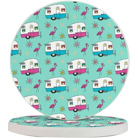 

Set of 2 Round Coasters Duct-Tape-Happy-Camper for Drinks 4 Inch Ceramic Cups Place Mats Home Decor