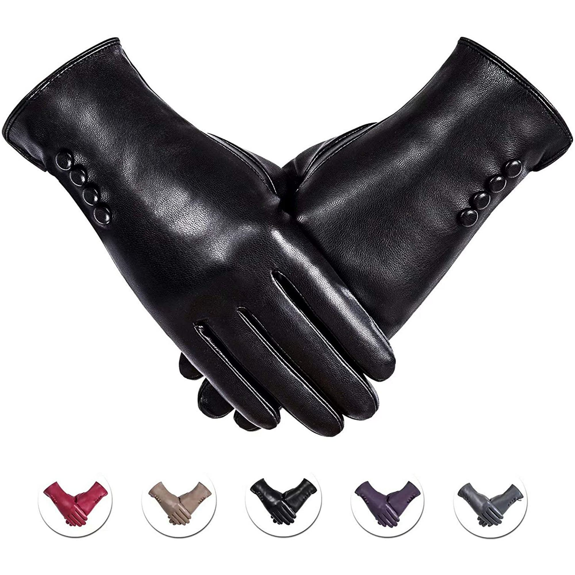 Winter PU Leather Gloves For Women, Warm Thermal Touchscreen