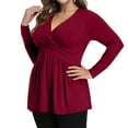 thumbnail image 3 of Plus Size V Neck Long Sleeve Tops for Women Solid Color Casual Pleated T-shirt Spring Autumn Lightweight Blouse,Female Plus Size Slim Fit Pullover Tops,L-5XL, 3 of 5