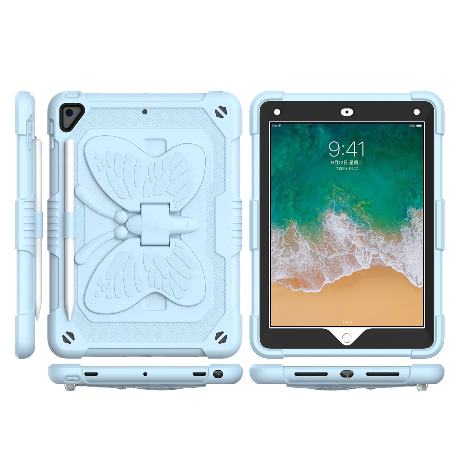 Case For Apple New iPad 9.7 inch Butterfly Wings Kickstand 3in1 Tough Hybrid with Pencil Holder Heavy Duty Rugged Shockproof Tablet Cover [ Light Blue ]