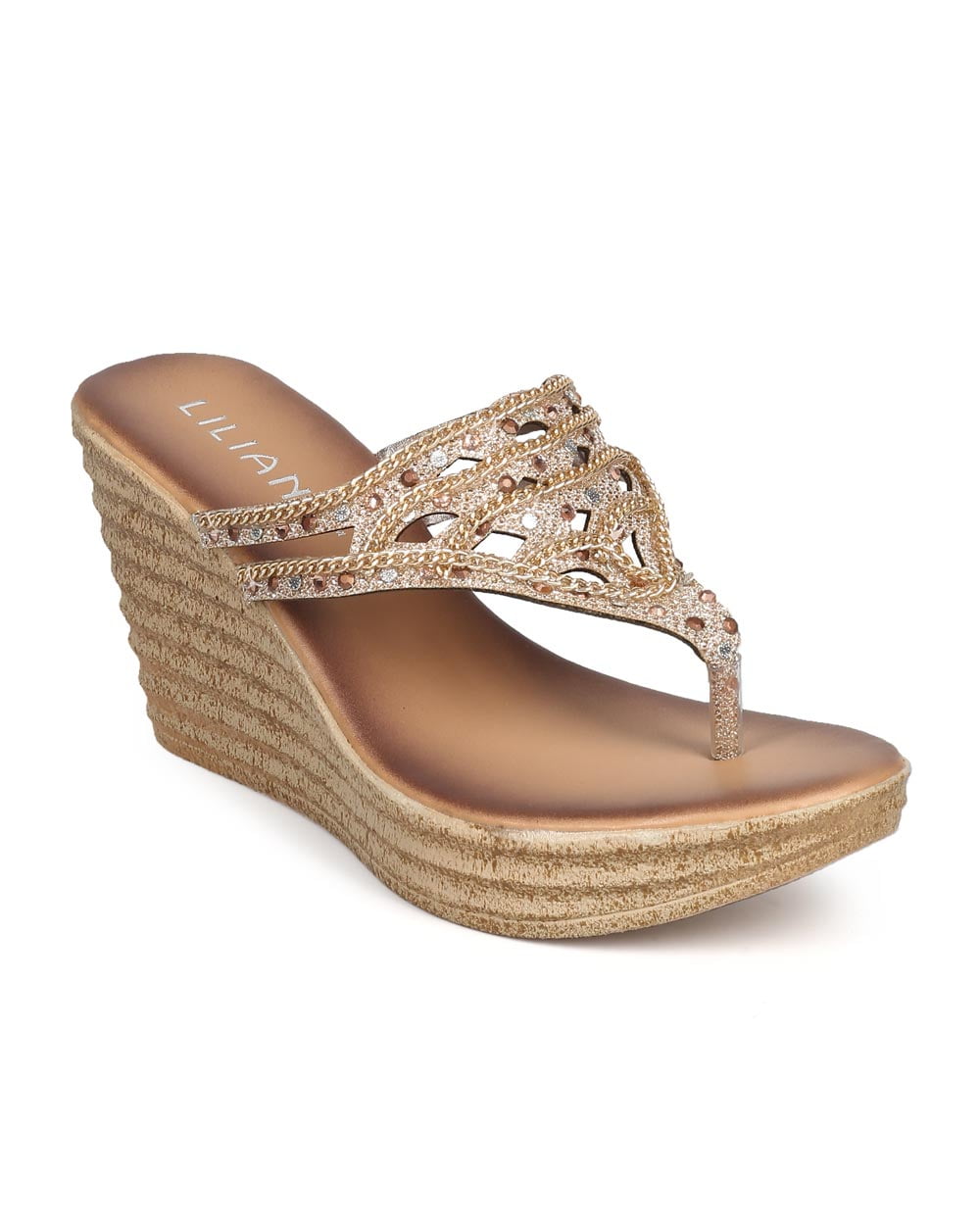 Liliana - Liliana DI56 Women Glitter Hollow Out Chain Thong Cork Wedge ...