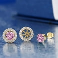 thumbnail image 2 of Gem Stone King 1.49 Ct Round Pink Created Sapphire 18K Yellow Gold Plated Silver Earrings, 2 of 3