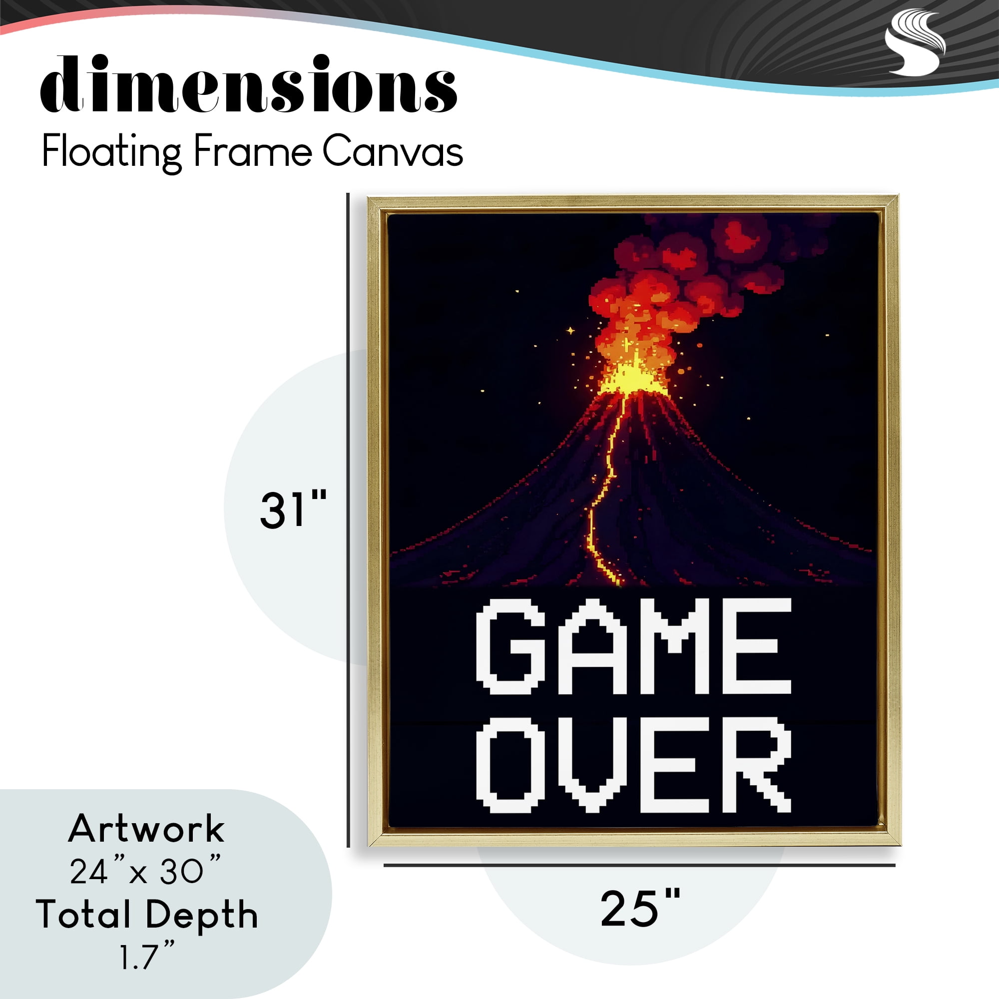 Pixel Volcano Game Over Gold Framed Floater Canvas Wall Art, design by Kim Allen