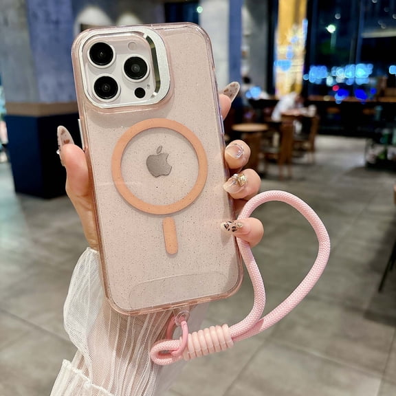 Glitter Magnetic Back Cover for iPhone 14 Pro Max, Non-Slip Anti-Scratch Shock-Absorbent Sparkly Girls Women Case with Magnetic Wireless Charging & Lanyard & Metal Camera Kickstand, Pink