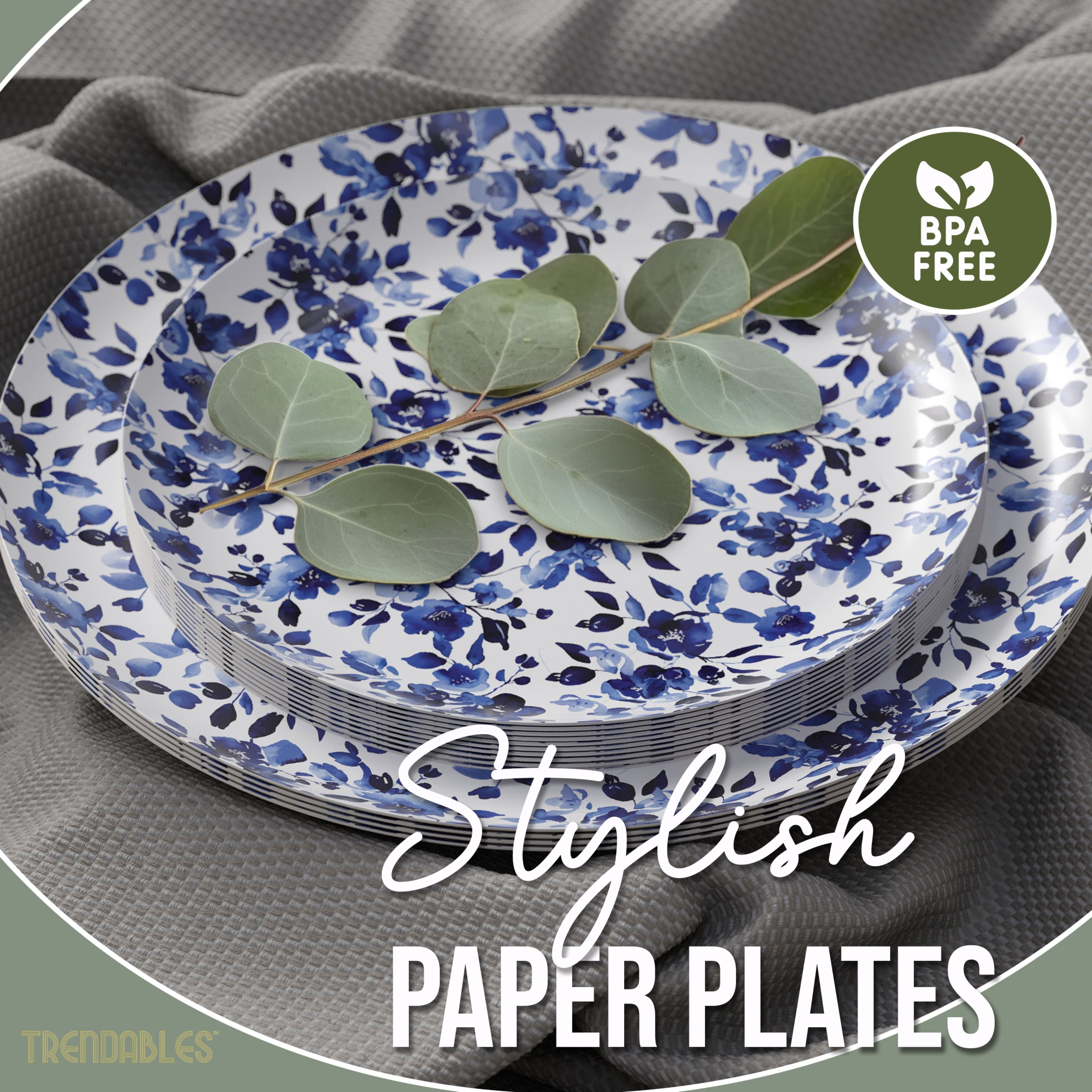 Crown Display Heavy Duty Paper Plates Set for 32 Guests, 64 Fancy Disposable Plates, Bluebelle