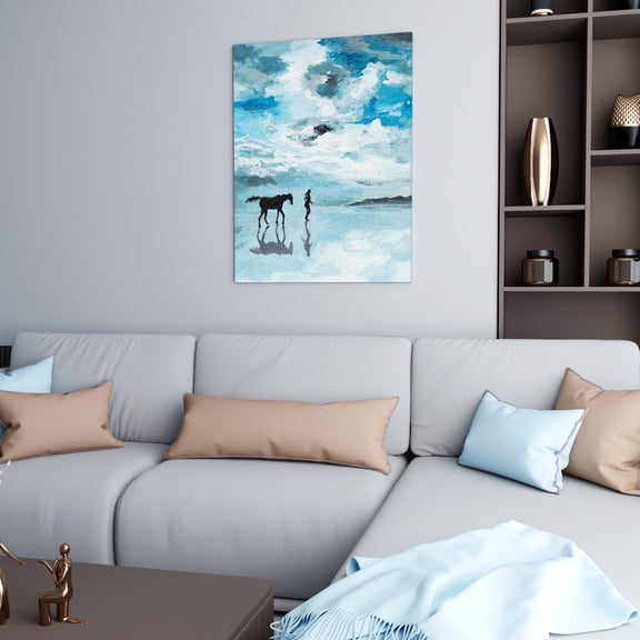 Man and horse running on sea shore blue wall art 24x18in canvas stretched on wood frame