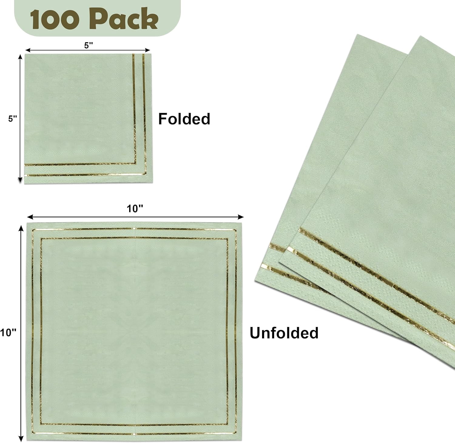 Gift Boutique 100 Gold and Sage Green Cocktail Beverage Napkins Metallic Golden Foil Trim Stripe Disposable Paper Dessert Napkin for Wedding Holiday Baby Shower Graduation Party Supplies Decorations