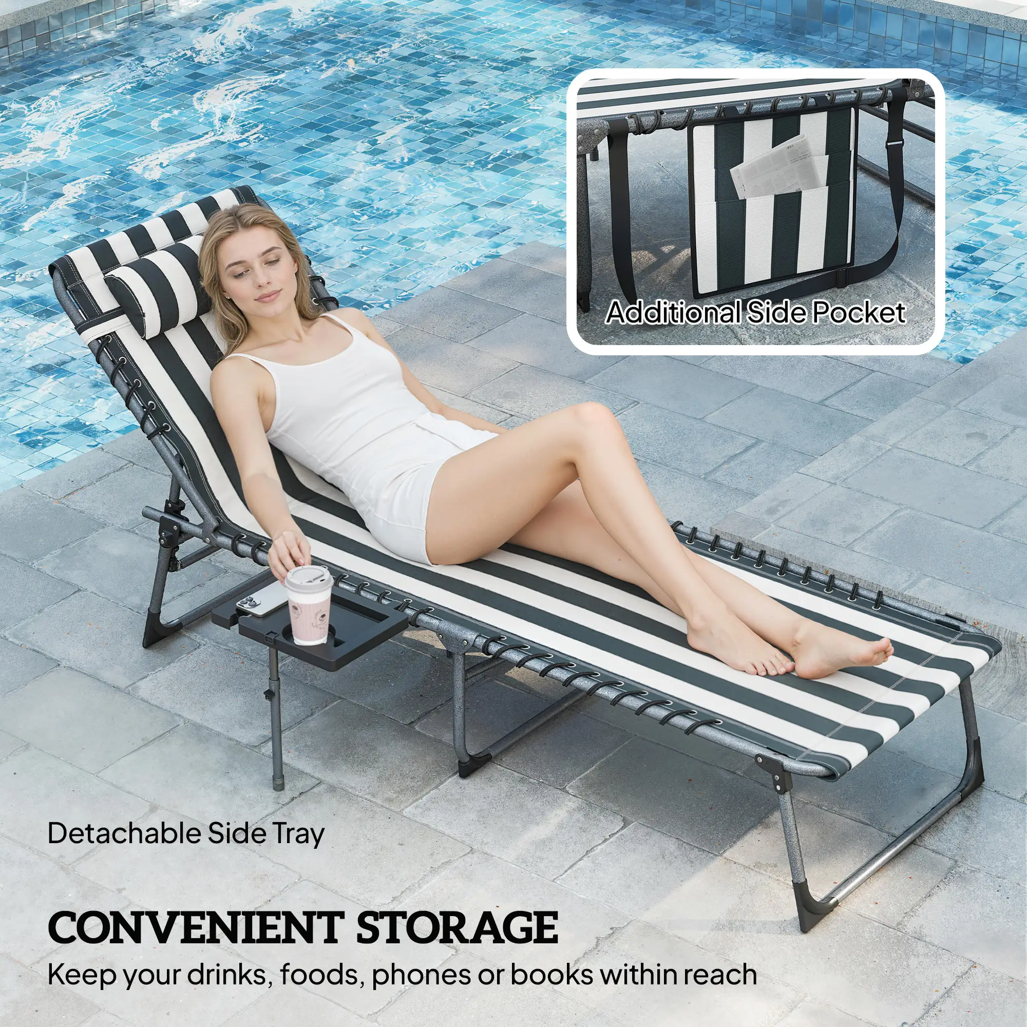 Outdoor Folding Sun Lounger 5-Position Adjustable Recliner with Padded Head Pillow, Side Pocket & Tray Table 600D Oxford Fabric Heavy-Duty Pool Beach Chair