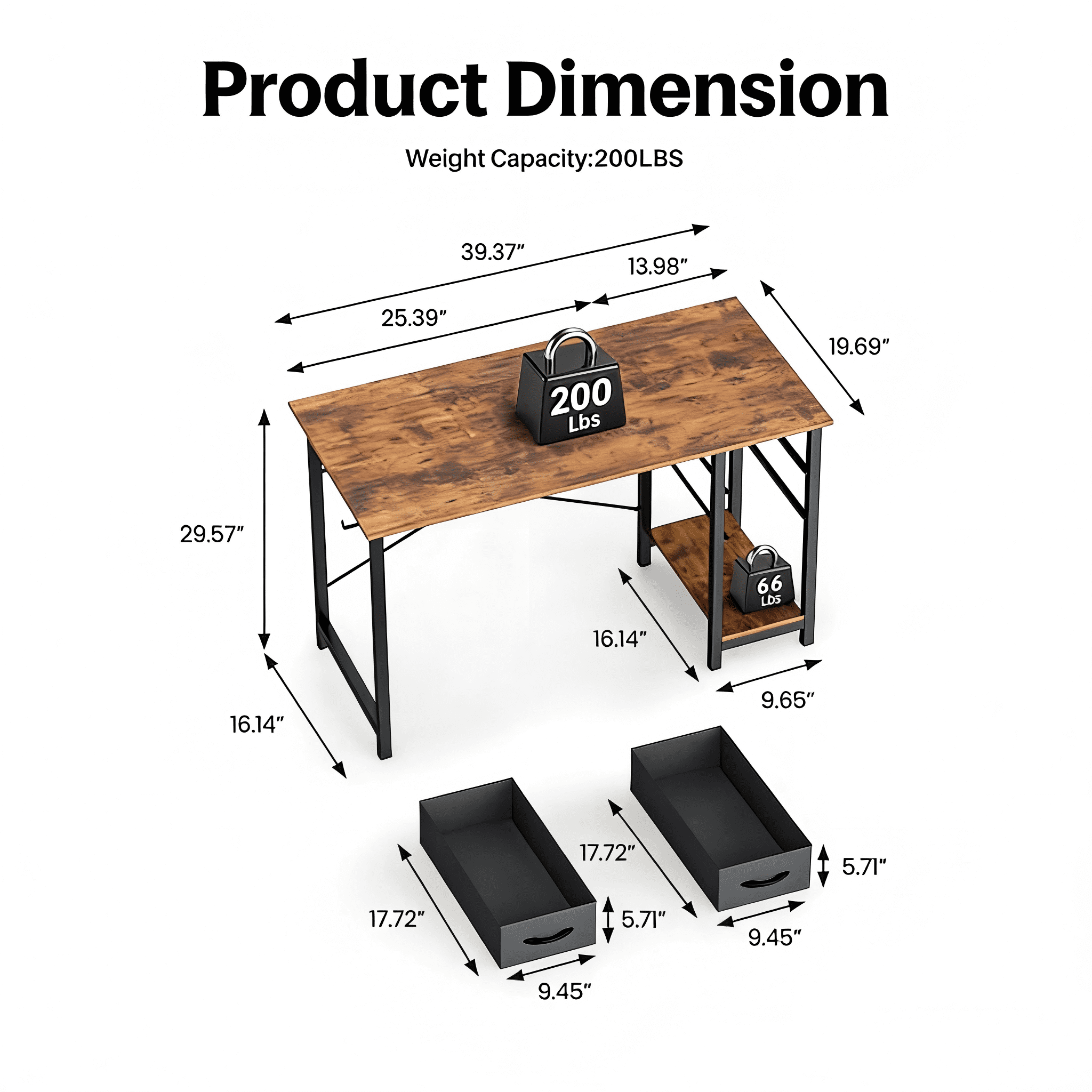Atilioo 40" Computer Desk, PC Table with 2 Fabric Drawers & Headphone Hook, Sturdy Metal Frame, Easy Assembly for Home Office, Brown