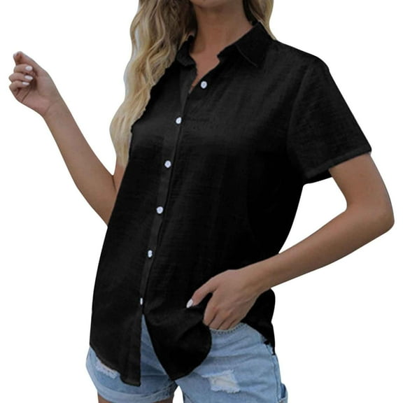 TODOZO Linen Button Down Shirt Women Casual Cotton Blouse Loose Fit Work Gauze Tops Women Linen Shirts Summer Casual V Neck Button Down Jackets Short Sleeve Trendy Blouses Loose Fit Tunic Tops