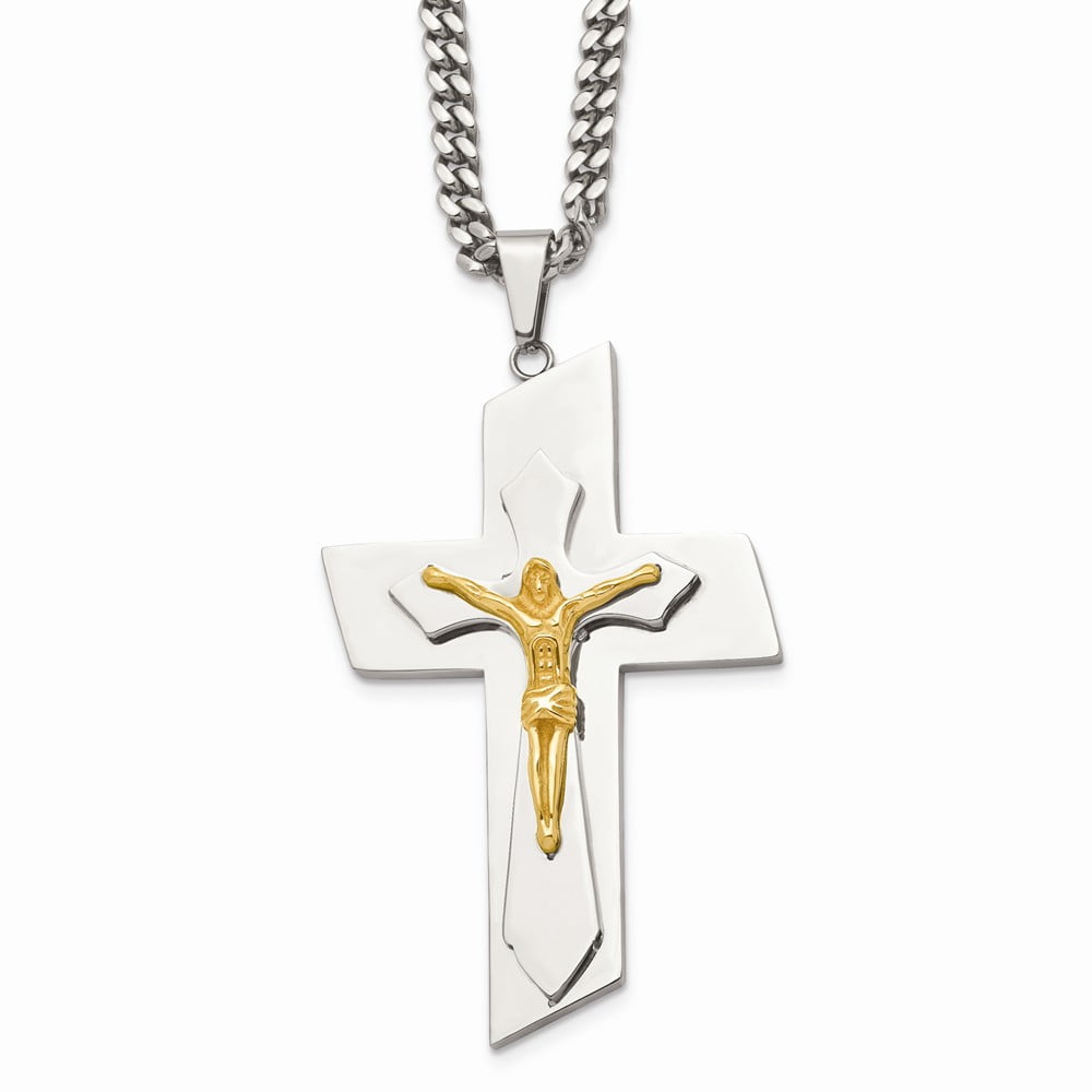 Stainless Steel Yellow IP Cross Crucifix Pendant Necklace Charm Chain 24