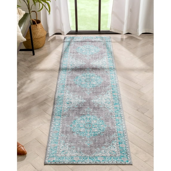 Well Woven Areva Machine Washable Teal Blue Vintage Oriental Medallion Flat Pile Runner Rug 2x7 (2'1" x 7'3" Runner)