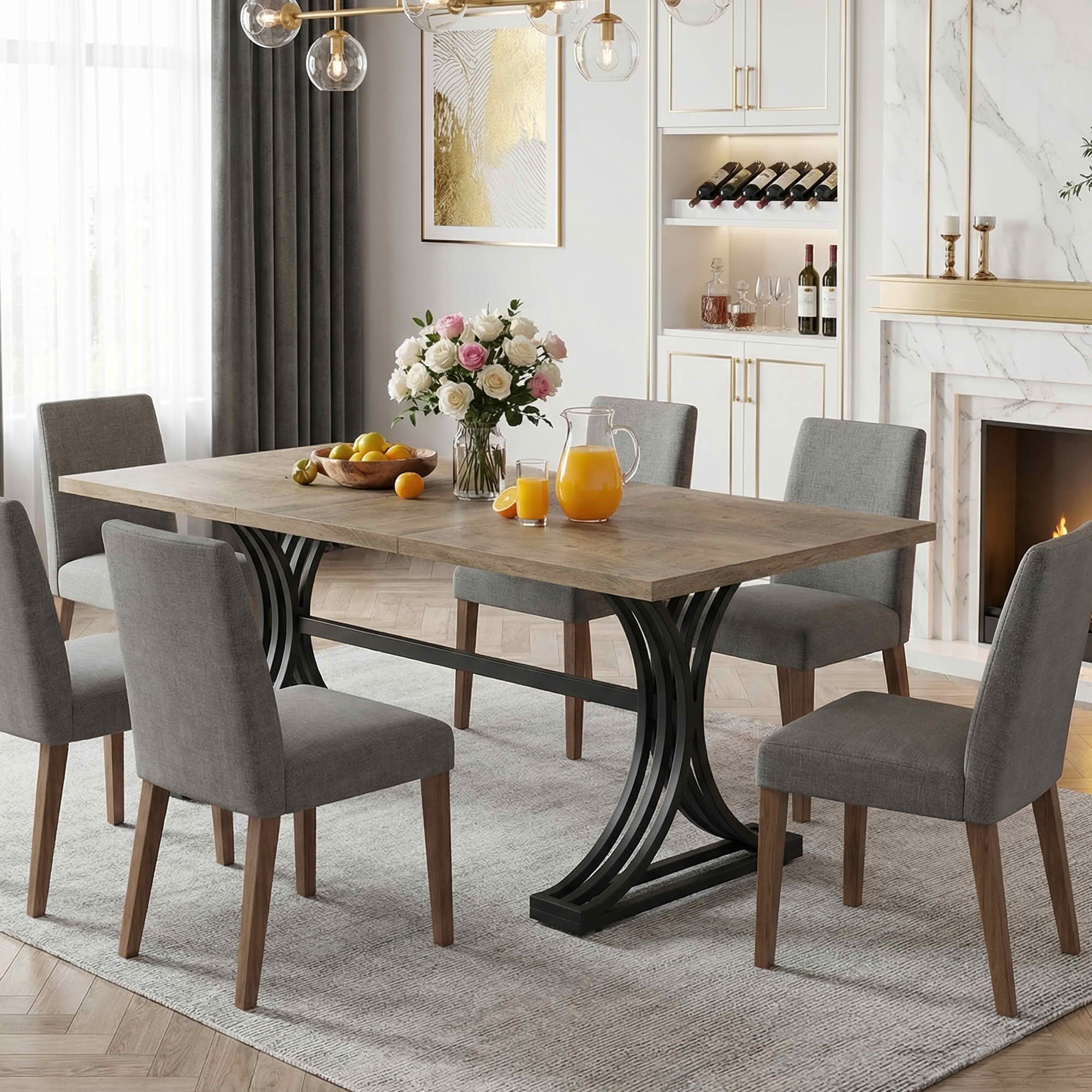 MAYEERTY 63" Modern Rectangular Dining Table, Gray Faux Marble Tabletop, Half-Moon Black Metal Legs with Anti-Scratch Foot Pads
