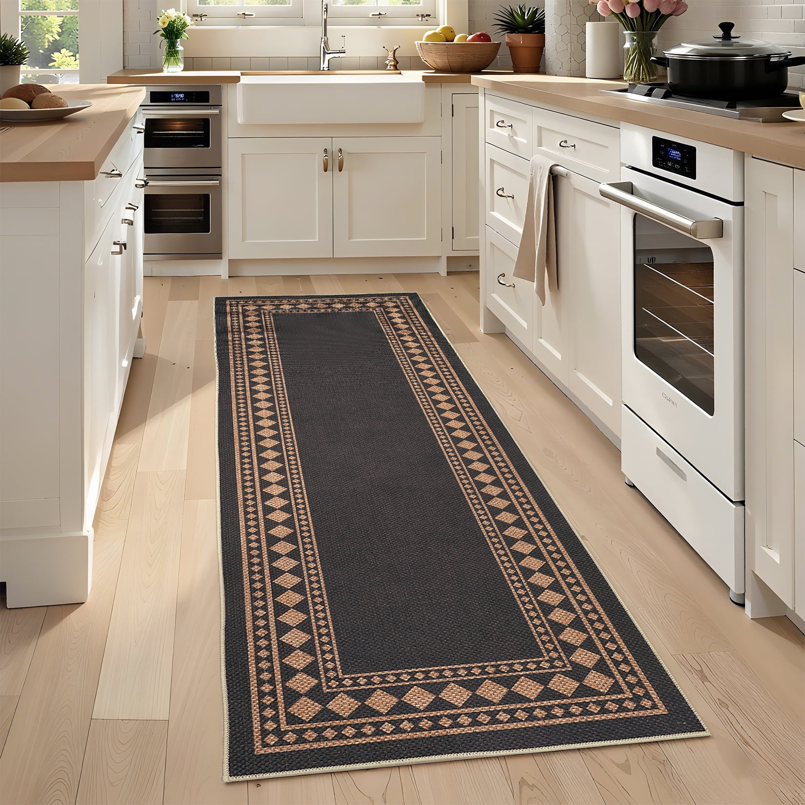 Garvee 2'x6' Modern Bordered Rug Solid Runner Rug, Geometric Washable Rugs Stain Resistant Low Pile Rug Non Slip Indoor Outdoor Carpet for Hallway Bedroom Home Office, Black and Coffee