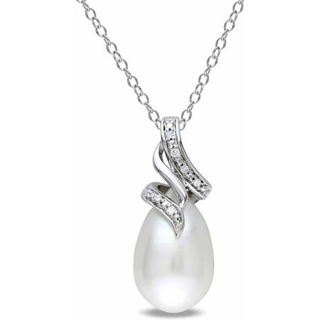 Miabella 9-9.5mm White Rice Cultured Freshwater Pearl and Diamond-Accent Sterling Silver Swirl Pendant, 18