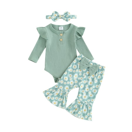 

Bslissey Baby Girls Jumpsuit Outfits Ribbed Long Sleeve Romper + Daisy Print Elastic Flared Pants + Cute Headband 3M 6M 9M 12M 18M Infant Casual Sweet Clothes Set
