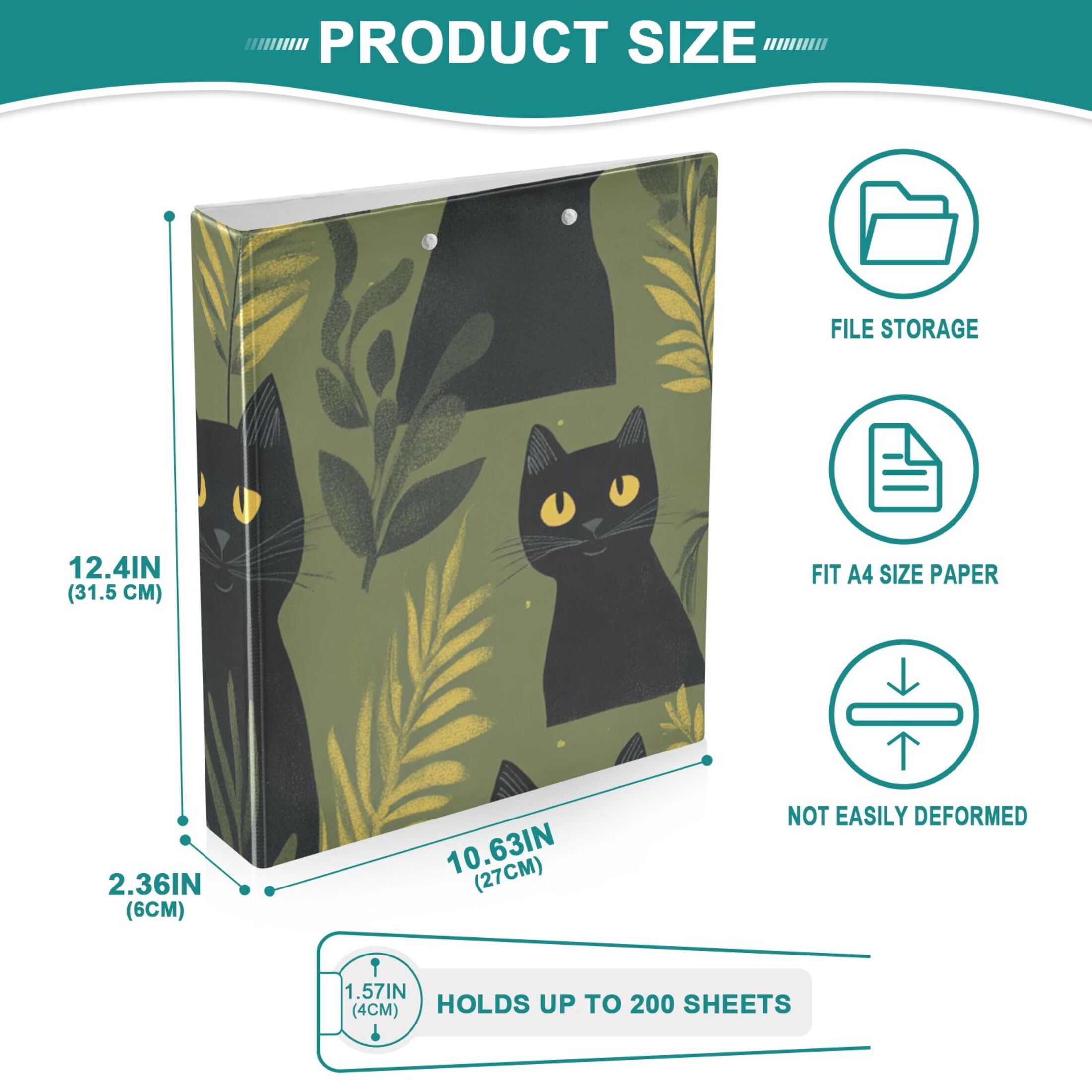 Black Cats Grass 3 Ring Binders 1.5 inch Hardcover File Folders with Interior Pockets A4 Size Organizer for School Office Hospital