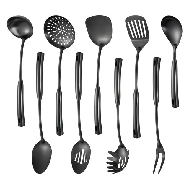 304 Stainless Steel Kitchen Cooking Utensils Set - 9 PCS Serving Utensils, Include Skimmer, Soup Ladle, Spaghetti Server, Wok Spatula, Slotted & Soli