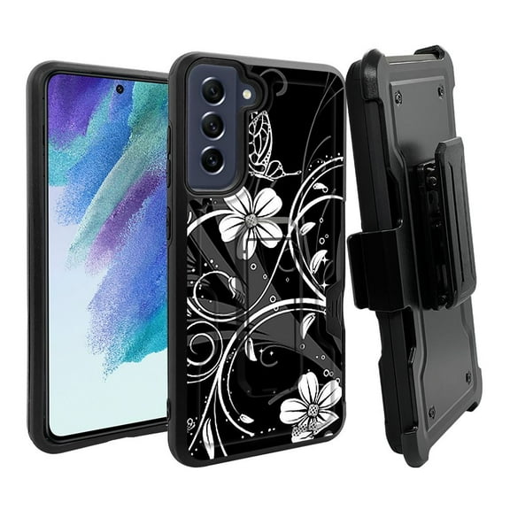 ANJ  Rugged Dual Layer Hybrid Holster Kickstand Case w/ Card Slot   Tempered Glass Cover for Samsung Galaxy S21 FE 5G - Silver Flowers