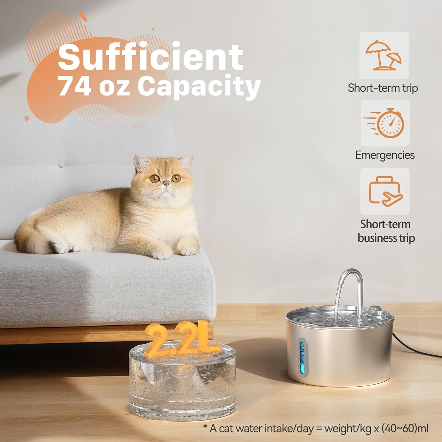 2.2L Stainless Steel Cat Water Fountain with Ultra Quiet Pump, Automatic Pet Drinking Fountain with Water Level Window and Faucet