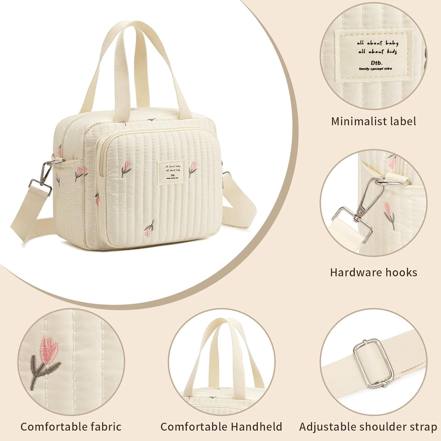 Small Diaper Bag Tote, body Diaper Bag Mini Purse with 7 Pockets, Travel Baby Bag for boys & Girls, 2 Bottle pocket, Off white