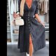 thumbnail image 5 of Vestido de Mezclilla con Cuello en V y Botones para Mujer, Cintura Media, Corta y Abertura Negro L, 5 of 10