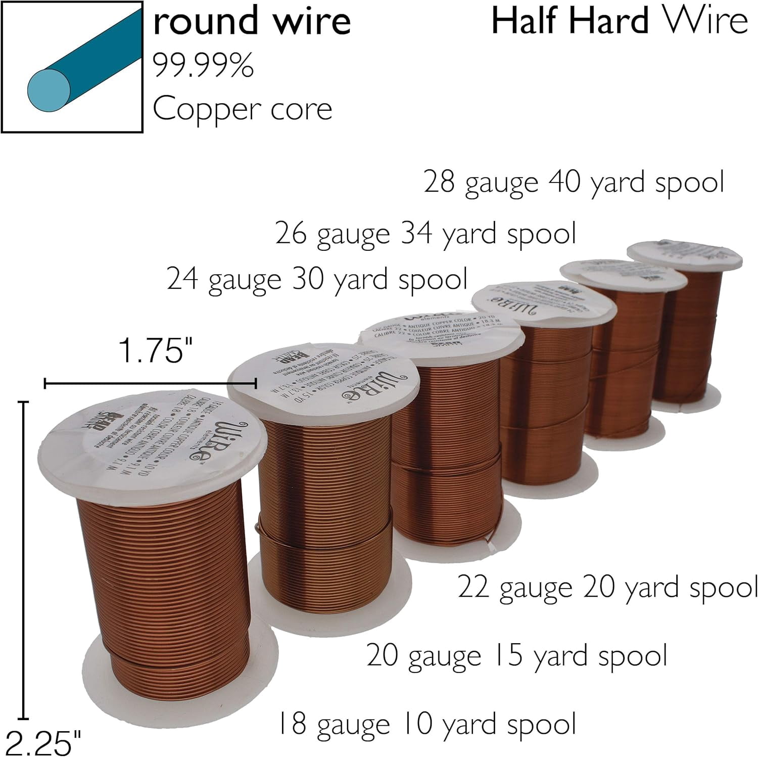 The Beadsmith Wire Elements Antique Copper Color Lacquered Tarnish-Resistant Copper Wire for Jewelry Making, 20 Yards, 18.29 Meters Each Spool (18, 20, 22, 24, 26, & 28 Gauges)