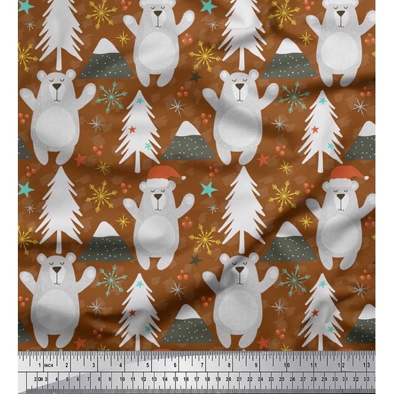 Soimoi Brown Poly Georgette Fabric Snowflake & Bear Cartoon Printed Fabric 1 Yard 52 Inch Wide