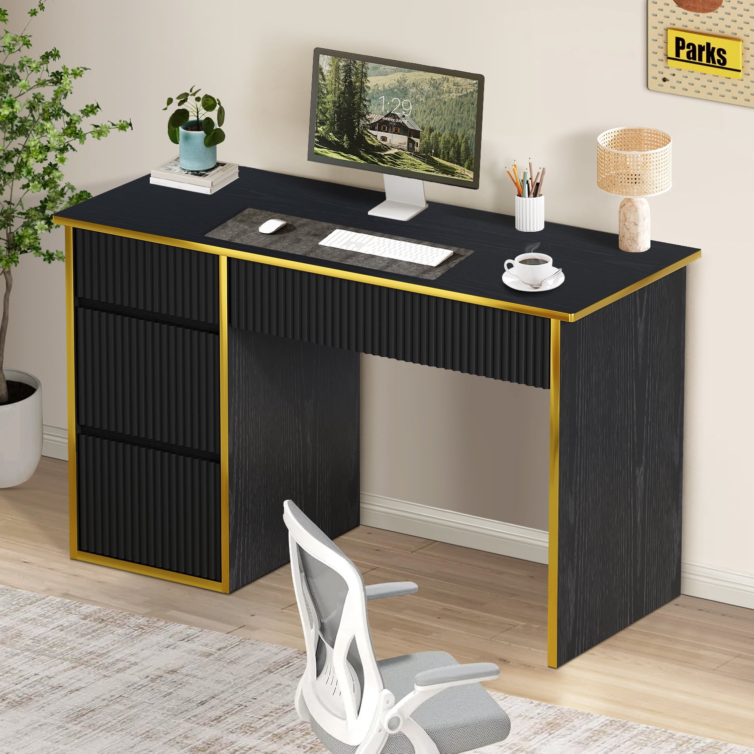 DreamCurship Computer Desk with 4 Storage Drawers, Home Office Desk with Storage, Writing Desk for Study, Modern Writing Table, Black and Gold Desk