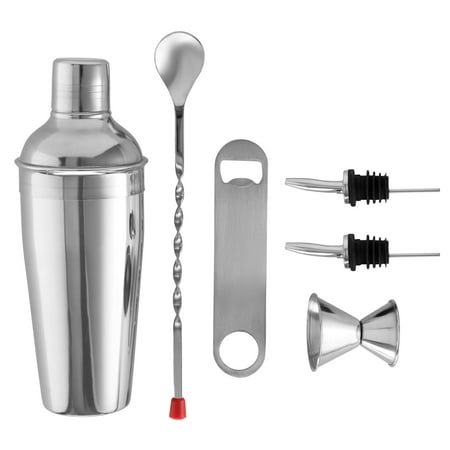 - ShopoKus Expert Cocktail Shaker Home Bar Tool Set Stainless Steel Bar Set with Shaking Tin, Bar Spoon, Double Jigger, 2 Stainless Steel Bottle Pourers, Tapered Spout, and Flat Bottle Opener (6 Piece)