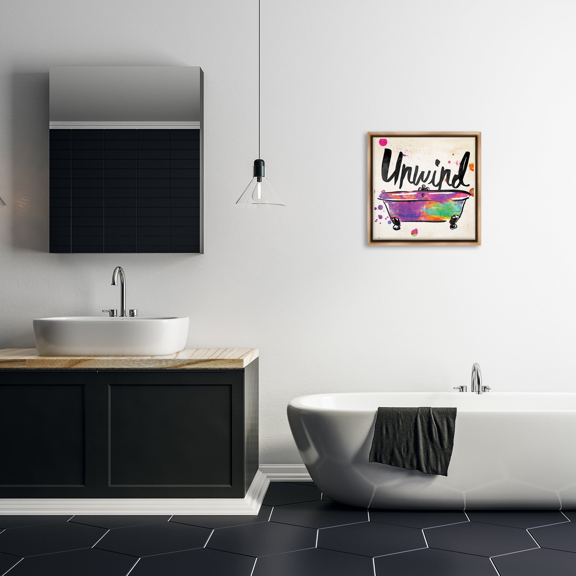 Stupell Industries Unwind Rainbow Colors Icon Bath Typography Painting Brown Floater Framed Canvas Art Print Wall Art, 18 x 18