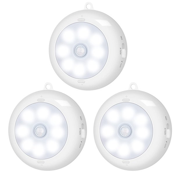 Luz de sensor de movimiento para interiores BLS LED luz nocturna luces de armario debajo del gabinete luces de techo con pilas AA luces de disco inalámbricas para pared escalera regulable (paquete de