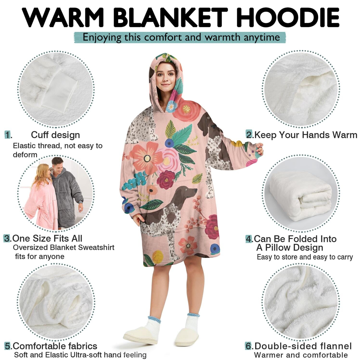 Wearable Oversized Blanket,Dogs with Pioneer Flower Wearable Blanket Hoodie for Adults,Cozy Hooded Blankets with Super Pockets,Super Warm Fuzzy Pullover for Women & Men