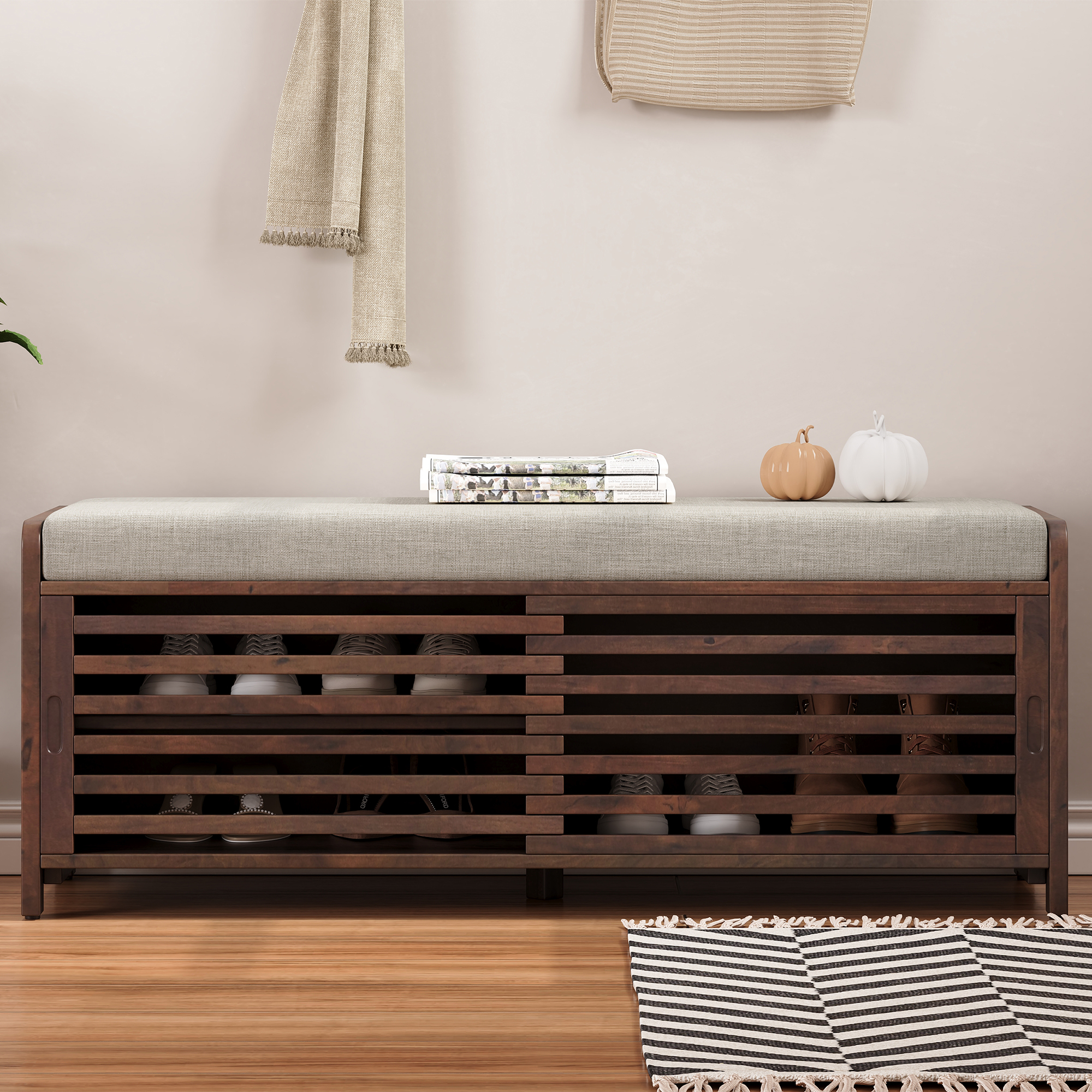 Euroco Shoe Bench with Storage and Cushion, Distressed Shutter Storage Bench with Retro Charm for Living Room, Entryway (Espresso)