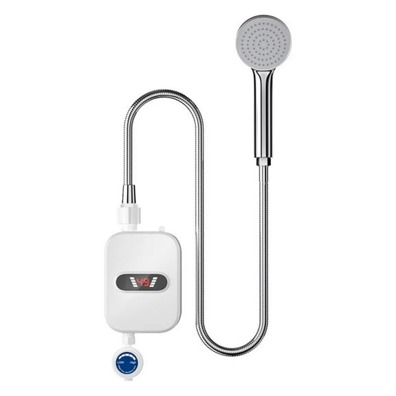 Electric Tankless Water Heater Shower Head Set, Instant Hot Water Heater LCD Display, 3500W Portable Electric Instant Hot Water Heater for Kitchen, Bathroom, Camping & RV, 110V (White)