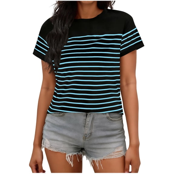 yillto Women Short Sleeve Tops Crewneck Striped Basic Tee Shirts Summer Tshirt Casual Fashion Outfits