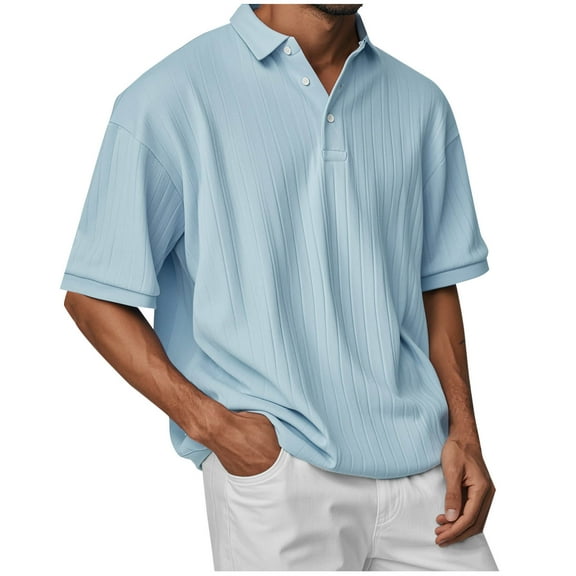 Mens Ribbed Lapel T-Shirt, Short Sleeve Shirts for Men Summer Casual Loose Fit Solid Color Button Up Blouses Tees Tops