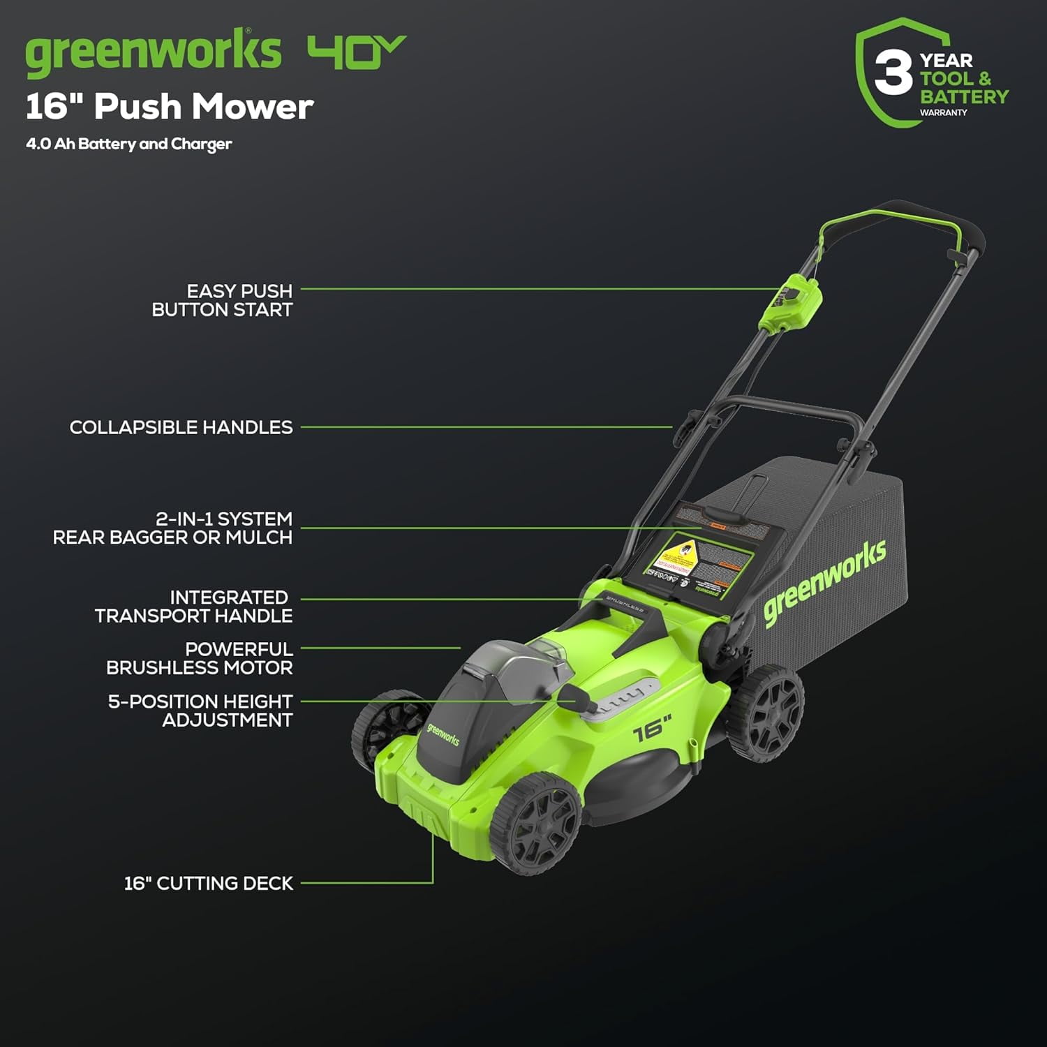 Greenworks 40V 16inch Brushless Cordless Lawn Mower, 4.0Ah Battery and Charger Included