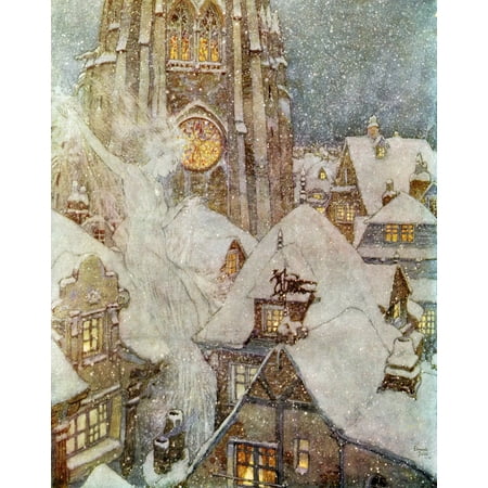 Many a winters night she flies through the streets and peeps in at the windows and then the ice freezes on the panes into wonderful patterns like flowers Illustration by Edmund Dulac for The Snow